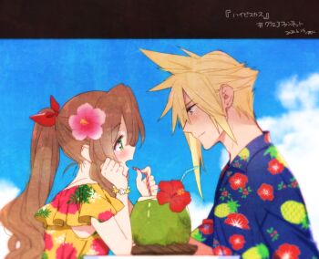 1boy 1girl aerith_gainsborough alternate_costume blonde_hair blue_eyes blue_shirt blush breasts brown_hair cloud_strife coconut collared_shirt dress drinking_straw earrings final_fantasy final_fantasy_vii final_fantasy_vii_remake floral_print flower frilled_sleeves frills green_eyes hair_between_eyes hair_flower hair_ornament hair_ribbon hawaiian_shirt hibiscus jewelry krudears long_hair looking_at_another medium_breasts open_mouth outdoors parted_bangs pineapple_print pink_flower ponytail profile red_ribbon ribbon shared_drink shirt short_hair short_sleeves sidelocks single_earring smile spiked_hair square_enix teeth tropical_drink upper_teeth_only yellow_dress