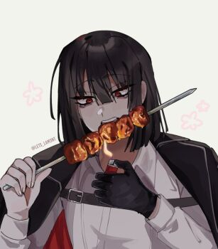 1girl artist_name black_gloves black_hair black_jacket blunt_ends chicken_(food) commentary eating english_commentary fire food gloves hair_between_eyes highres holding holding_lighter holding_skewer jacket jacket_on_shoulders lets_lam3nt lighter limbus_company medium_hair project_moon red_eyes ryoshu_(project_moon) shirt shish_kebab simple_background skewer solo twitter_username upper_body white_background white_shirt