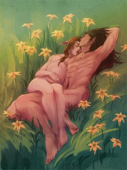 1boy 1girl aerith_gainsborough aftersex arm_behind_head black_hair brown_hair carnival_fair couple crisis_core:_final_fantasy_vii cuddling earrings facial_scar final_fantasy final_fantasy_vii final_fantasy_vii_remake flower grass hair_ribbon highres jewelry long_hair nude outdoors parted_bangs pink_ribbon ribbon scar scar_on_cheek scar_on_face sidelocks sleeping spiked_hair square_enix stud_earrings toned toned_male yellow_flower zack_fair