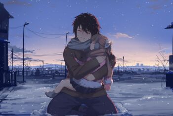 Rule 34 | 1boy, 1girl, arttsam, black hair, blue scarf, bow, brown coat, clannad, closed eyes, coat, crying, father and daughter, highres, kneeling, okazaki tomoya, okazaki ushio, pleated skirt, red scarf, scarf, skirt, snow, spoilers, white bow