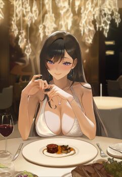 1girl alcohol blurry blurry_background breasts brown_hair cleavage commentary cup dress drinking_glass earrings english_commentary food fork gloves highres hoop_earrings indoors jewelry knife large_breasts looking_at_viewer original penetration_gesture plate pov purple_eyes restaurant ruca_(rucarachi) rucarachi smile smirk solo table_knife white_gloves wine wine_glass