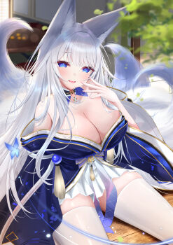 1girl animal_ear_fluff animal_ears azur_lane bare_shoulders blue_butterfly blue_collar blue_eyes blue_kimono blush breasts bug butterfly cleavage collar commentary_request fox_ears fox_girl fox_tail highres insect japanese_clothes kimono kitsune kyuubi large_breasts large_tail long_hair looking_at_viewer multiple_tails shinano_(azur_lane) skirt_under_kimono solo tail thighhighs tsuri_pi very_long_hair white_hair white_tail