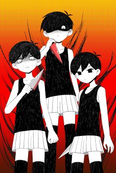 Rule 34 | 3boys, antenna hair, black eyes, black hair, black tank top, black thighhighs, clone, closed mouth, collarbone, colored skin, double-parted bangs, hair between eyes, hair over one eye, highres, holding, holding knife, knife, looking at viewer, male focus, multiple boys, nana (papapaimon), omori, omori (omori), parted lips, short hair, shorts, striped clothes, striped shorts, tank top, thighhighs, vertical-striped clothes, vertical-striped shorts, white eyes, white shorts, white skin