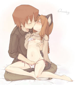 1boy 1girl 7010 age_difference animal_ears barefoot bed blush bra braid breasts brown_hair cat_ears cat_tail clothes_lift couple duplicate feet fingering flat_chest groping hand_in_panties hetero kiss legs lingerie loli long_sleeves nipples original panties shirt_lift side-tie_panties simple_background sitting sitting_on_person sleeves_past_wrists small_breasts source_request sweat tail tail_wrap underwear white_background