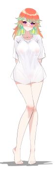 absurdres arms_behind_back bare_legs blush breasts dadangge earrings highres hololive hololive_english jewelry large_breasts looking_at_viewer multicolored_hair no_bra no_panties orange_hair purple_eyes see-through_clothes shadow shirt takanashi_kiara toes white_background white_shirt