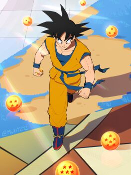 1boy absurdres ankle_boots arched_bangs arena arms_at_sides biceps black_eyes black_hair black_outline blue_boots blurry bokeh boots brick_floor choppy_bangs clenched_hands closed_mouth commentary day depth_of_field dougi dragon_ball dragon_ball_(classic) dragon_ball_(object) dragon_ball_super dragonball_z english_commentary evolution facing_ahead fingernails from_above full_body grass happy highres holding holding_dragon_ball lens_flare light_rays male_focus martial_arts_belt muart242 multicolored_boots muscular muscular_male namek on_ground orange_dougi orange_pants outdoors outline pants parted_bangs pectorals progression reflection reflective_floor rope shadow short_sleeves sidelighting smile soil son_goku spiked_hair split_theme standing stone_floor striped_clothes striped_footwear subsurface_scattering sunlight tareme tile_floor tiles twitter_username two-tone_boots undershirt vertical-striped_footwear walking wristband