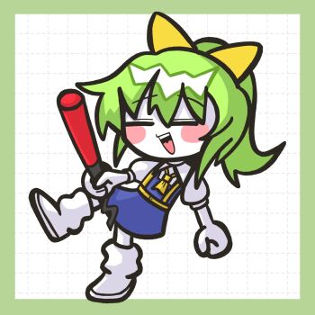 Rule 34 | 1girl, ascot, blue dress, blush stickers, boots, border, bow, chibi, chibi only, closed eyes, colored skin, cookie (touhou), daiyousei, diyusi (cookie), dress, full body, green border, green hair, grid background, hair bow, high-visibility clothing, high-visibility vest, highres, holding, medium hair, open mouth, pinafore dress, puffy short sleeves, puffy sleeves, shirt, short sleeves, sleeveless, sleeveless dress, smile, solo, sznkrs, touhou, traffic baton, white background, white boots, white shirt, white skin, yellow ascot, yellow bow