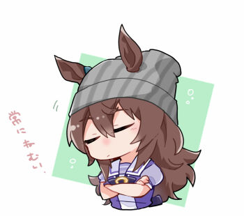 1girl animal_ears beanie beer_hsk blush bow brown_hair chibi closed_eyes closed_mouth commentary_request cropped_torso crossed_arms ears_through_headwear facing_viewer green_background grey_hat hair_between_eyes hat horse_ears long_hair motion_lines nakayama_festa_(umamusume) puffy_short_sleeves puffy_sleeves purple_bow purple_shirt school_uniform shirt short_sleeves solo striped_clothes striped_headwear tracen_school_uniform translation_request two-tone_background umamusume upper_body vertical-striped_clothes vertical-striped_headwear very_long_hair white_background