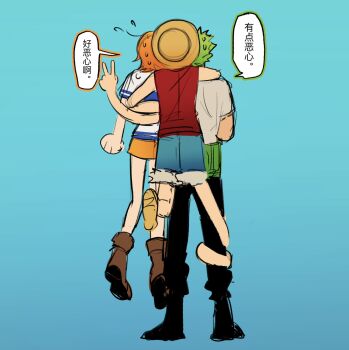 1girl 2boys arm_around_shoulder arms_around_waist black_pants blue_background blue_shorts boots brown_boots devil_fruit_power elasticity flying_sweatdrops from_behind full_body fur-trimmed_shorts fur_trim gradient_background green_hair hashtag-only_commentary hat heads_together highres ki2ri5 lifting_person miniskirt monkey_d._luffy multiple_boys nami_(one_piece) nami_(one_piece)_(east_blue) omake one_piece orange_hair pants red_shirt roronoa_zoro shirt short_hair short_sleeves shorts skirt speech_bubble standing straw_hat straw_hat_pirates extendable_limbs sweatdrop taking_picture translation_request v white_shirt yellow_skirt