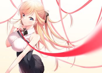 Rule 34 | 1girl, araragi ayune, bare arms, bare shoulders, black ribbon, black skirt, blonde hair, breasts, closed mouth, collared shirt, commentary, hair ribbon, isshiki-san wa koi wo shiritai., large breasts, long hair, looking at viewer, red ribbon, ribbon, rinna milford, shirt, skirt, sleeveless, sleeveless shirt, smile, solo, string, string of fate, symbol-only commentary, white shirt, yellow background