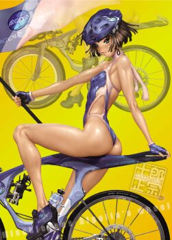 1girl 3d ass bicycle bottle breasts brown_eyes brown_hair comic_anthurium covered_erect_nipples dark_skin fingerless_gloves flag full_body gloves green_eyes gun halterneck handgun helmet high_heels highleg highleg_leotard highleg_one-piece_swimsuit highres leotard looking_at_viewer nipples one-piece_swimsuit pistol revolver riding shiny_skin shirou_masamune shoes short_hair sitting sleeveless small_breasts standing sweat sweatdrop swimsuit thighs weapon