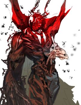 Rule 34 | 1boy, antennae, arthropod boy, arthropod horns, arthropod limbs, black pants, black vest, bug, cape, cockroach, collared shirt, compound eyes, gregor (project moon), highres, insect, limbus company, looking at viewer, male focus, mutation, necktie, pants, project moon, red necktie, shangxin cuiruo de gou, shirt, short sleeves, simple background, solo, spoilers, the roach emperor, vest, white background, white shirt