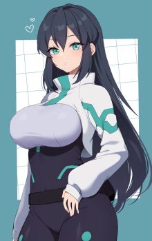 1girl black_bodysuit black_hair blush bodysuit breasts campbell_xx closed_mouth commentary_request green_eyes grey_shrug gundam gundam_build_divers gundam_build_divers_re:rise hair_between_eyes highres impossible_bodysuit impossible_clothes large_breasts long_hair long_sleeves looking_at_viewer may_(gundam_build_divers_re:rise) puffy_long_sleeves puffy_sleeves shrug_(clothing) skin_tight solo white_shrug