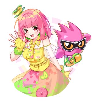 Rule 34 | 1girl, bare shoulders, belt, blue eyes, chibi, commentary, fingerless gloves, gloves, hair ornament, hat, highres, kamen rider, kamen rider ex-aid, kamen rider ex-aid (series), looking at viewer, mighty action x level 1, musical note, necktie, open mouth, pink hair, poppi pipopapo, red eyes, short hair, smile, solo, thousand (sentyuu89), white background