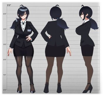 1girl :> ahoge arm_at_side ascot black-framed_eyewear black_gem black_hair black_jacket black_shoes black_skirt breasts bright_pupils brooch brown_eyes brown_pantyhose button_gap closed_mouth collared_shirt commentary commission cropped_arms curvy english_commentary formal_clothes from_behind from_side full_body gem glasses hair_over_one_eye hair_tie hand_on_own_hip height_mark high_heels highres id_card jacket jewelry julie_(ravionstuff) lapels large_breasts long_hair long_sleeves miniskirt multiple_views notched_lapels office_lady original pantyhose pencil_skirt ponytail psidubs reference_sheet semi-rimless_eyewear shirt shoes skirt skirt_suit smile standing suit suit_jacket tsurime turnaround white_ascot white_pupils white_shirt