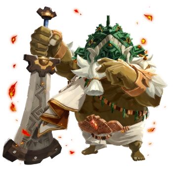 1boy abs agraston_(zelda) animal_helmet arm_up artist_request barefoot beard bracelet covered_face facial_hair feet full_body gold_trim goron green_helmet hand_up helm helmet highres holding holding_sword holding_weapon hyrule_warriors:_age_of_imprisonment jewelry magatama male_focus nintendo official_art simple_background solo stroking_beard sword the_legend_of_zelda the_legend_of_zelda:_tears_of_the_kingdom topless_male transparent_background weapon white_background white_hair