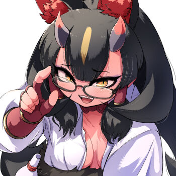 Rule 34 | 1girl, animal ears, black hair, bottle, breasts, choker, cleavage, colored skin, extra ears, fingerless gloves, fox ears, fox girl, fox tail, glasses, gloves, highres, horns, kemono friends, kinkaku (kemono friends), large breasts, long hair, looking at viewer, mcgunngu, red skin, shirt, simple background, solo, tail, upper body, yellow eyes