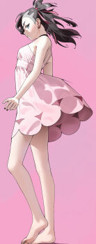 1girl 987645321o barefoot black_hair black_nails breasts closed_mouth dress earrings floating_hair from_side green_eyes hair_ribbon highres jewelry marnie_(pokemon) nintendo pink_dress pokemon pokemon_swsh profile ribbon sideways_glance small_breasts solo stud_earrings twintails undercut