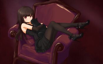 1girl alternate_costume animal animal_hug bare_shoulders black_cat black_choker black_dress black_pantyhose blunt_bangs blush bridal_gauntlets brown_hair cat cat_on_person chair choker closed_mouth commentary dot_mouth dress english_commentary high_heels highres ichigoinsoul legs_up looking_at_viewer lying matsumoto_rise on_back on_chair pantyhose red_eyes short_dress simple_background sleeveless sleeveless_dress solo tareme yuruyuri