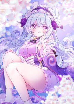 1girl :o blue_hair blush breasts chiika_(cure_cherish) commentary_request dated detached_sleeves frilled_hairband frills gem genshin_impact hair_between_eyes hairband hand_up highres japanese_clothes kimono long_hair long_sleeves looking_at_viewer medium_breasts nihongami obi open_mouth purple_eyes purple_gemstone purple_kimono sash sideboob signature sleeveless sleeveless_kimono socks solo symbol-shaped_pupils tail twitter_username very_long_hair watermark white_socks yumemizuki_mizuki