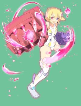 Rule 34 | 1girl, :d, android, aura, blonde hair, card (medium), character name, collarbone, doll joints, energy, english text, flat chest, full body, giant fist, green background, hair between eyes, heterochromia, horns, incoming attack, incoming punch, joints, light particles, looking at viewer, low twintails, mechanical horns, medium hair, muramasa (senran kagura), official art, one-piece swimsuit, open mouth, power fist, punching, purple eyes, red eyes, senran kagura, senran kagura new wave, simple background, smile, solo, swimsuit, thighhighs, twintails, white one-piece swimsuit, white thighhighs