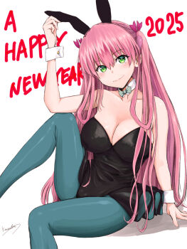 Rule 34 | 1girl, 2025, aikawa megumi, alternate costume, animal ears, aqua pantyhose, arm at side, black leotard, blush, bow, bowtie, breasts, cleavage, closed mouth, collarbone, commentary request, dated, detached collar, eyelashes, eyes visible through hair, fake animal ears, feet out of frame, green bow, green bowtie, green eyes, hair between eyes, hair ribbon, hand up, happy new year, heaven burns red, highres, knee up, large breasts, leotard, long hair, looking at viewer, new year, niwatori kokezou, pantyhose, pink hair, pink ribbon, playboy bunny, rabbit ears, ribbon, signature, simple background, sitting, smile, solo, split mouth, straight hair, strapless, strapless leotard, sun, two side up, very long hair, white background, white wrist cuffs, wrist cuffs