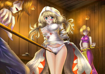 3girls arms_behind_back bare_shoulders bdsm blonde_hair blood bondage bound breasts brown_hair celia crotch_rope final_fantasy final_fantasy_tactics green_eyes large_breasts lettie long_hair midriff multiple_girls open_mouth panties pull pussy_juice red_eyes rope rope_walking short_hair torn_clothes torture underwear white_mage white_mage_(fft) white_mage_(final_fantasy) yuri