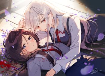 2girls black_hair blood blood_in_hair blood_on_clothes blood_on_face blush clip_studio_paint_(medium) collared_shirt commentary_request dress falling_petals fangs grey_dress grey_hair grey_jacket grey_shirt highres jacket long_hair long_sleeves looking_at_viewer lying mole mole_under_eye multiple_girls necktie on_back on_floor on_stomach original parted_lips petals pinafore_dress purple_eyes purple_petals red_eyes red_necktie school_uniform shirt signature sleeveless sleeveless_dress slit_pupils vampire yukiko_(tesseract) yuri