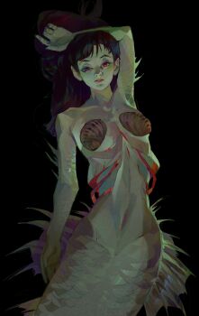 1girl absurdres arm_on_own_head arm_spikes bikini black_background black_hair commentary_request covered_erect_nipples eyeshadow gills highres long_hair looking_at_viewer makeup mermaid monster_girl nude original painterly parted_lips red_eyes scales shell shell_bikini simple_background solo swimsuit twulfs