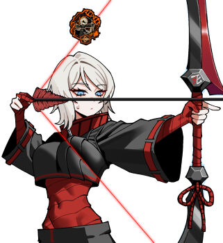 Rule 34 | 1girl, archery shooting glove, arrow (projectile), blue eyes, bow (weapon), breasts, covered navel, drawing bow, expressionless, faust (project moon), gloves, grey hair, highres, holding, holding bow (weapon), holding weapon, limbus company, partially fingerless gloves, project moon, shi association east uniform, simple background, solo, sweatdrop, upper body, weapon, white background, yaritoo, zipper pull tab