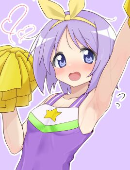 1girl absurdres arm_up armpits bare_shoulders blue_eyes blush breasts cheerleader collarbone hair_ribbon hairband highres hiiragi_tsukasa holding holding_pom_poms looking_at_viewer lucky_star medium_hair meisoochuu open_mouth outline pom_pom_(cheerleading) pom_poms purple_background purple_eyes purple_hair purple_shirt ribbon shirt simple_background sleeveless small_breasts smile solo star_(symbol) sweat upper_body white_outline yellow_hairband yellow_ribbon