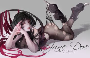 1girl absurdres animal_ears arched_back ass bare_arms bare_shoulders black_hair black_shirt black_shoes blue_eyes bodystocking breasts brown_pantyhose character_name closed_mouth commentary commission crop_top english_commentary english_text feet_up full_body grey_background grey_tail hair_on_tail high-waist_pantyhose highres hooked_on_heel ikari_inu interlocked_fingers jane_doe_(zenless_zone_zero) knife lace_pantyhose_hooked_on_heel_(meme) large_breasts long_hair looking_at_viewer lying meme mouse_ears mouse_girl mouse_tail multicolored_hair notched_ear on_stomach own_hands_together pantyhose pantyhose_tug red_hair red_lips red_nails see-through_clothes see-through_pantyhose shadow shirt shoes solo tail the_pose tongue tongue_out torn_clothes torn_pantyhose zenless_zone_zero