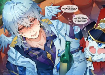 Rule 34 | 1boy, 1other, anger vein, angry, beetle bun, blue eyes, bottle, closed eyes, closed mouth, collarbone, couch, crying, english text, hair between eyes, hat, head wings, highres, honkai: star rail, honkai (series), long sleeves, male focus, on couch, open mouth, pom-pom (honkai: star rail), sitting, snot, speech bubble, sunday (honkai: star rail), upper body, wine bottle, wings