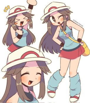 &gt;_&lt; 1girl arm_up blue_shirt blue_socks blush blush_stickers breasts brown_eyes brown_hair bucket_hat closed_eyes hat highres leaf_(pokemon) long_hair loose_socks nintendo one_eye_closed pokemon pokemon_frlg porkpie_hat red_skirt shirt simple_background skirt sleeveless sleeveless_shirt smile socks sofo_soup white_background white_hat wristband yellow_bag
