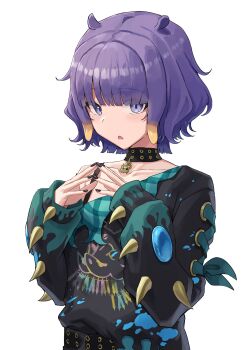 1girl black_choker black_nails black_shirt choker highres hololive hololive_english looking_at_viewer medium_hair nail_polish ninomae_ina'nis ninomae_ina'nis_(nu_udra) official_alternate_costume official_alternate_hair_length official_alternate_hairstyle open_mouth purple_eyes purple_hair shirt solo tentacle_hair vakuuberi virtual_youtuber