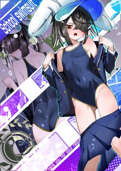 1girl absurdres alternate_costume ass bare_shoulders black_hair blue_jacket blue_one-piece_swimsuit blue_skirt blush breasts brown_eyes commission competition_school_swimsuit covered_navel fate/grand_order fate_(series) hair_over_one_eye hat highres jacket kitsunebi44410 long_sleeves looking_at_viewer miniskirt mole mole_under_eye multiple_views off_shoulder one-piece_swimsuit pixiv_commission school_swimsuit short_hair skirt small_breasts swimsuit swimsuit_under_clothes thighs white_hat xu_fu_(fate) xu_fu_(swimsuit_avenger)_(third_ascension)_(fate) yin_yang yin_yang_print