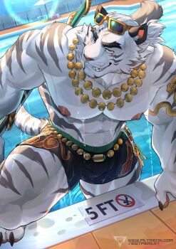 1boy abs absurdres animal_ears artist_logo bara black_male_swimwear black_shorts chair claws commentary dislyte dripping english_commentary estper eyewear_on_head fangs fence furry furry_male highres holding holding_oar jin_qiu_(ru_shou)_(dislyte) jin_qiu_(ru_shou)_(wild_python)_(dislyte) logo looking_at_viewer male_focus male_swimwear multiple_necklaces muscular muscular_male navel nipples oar official_alternate_costume pawpads pectorals ponytail pool scar scar_across_eye scar_on_face shorts smile sun_glare table tail thick_eyebrows tiger_boy tiger_ears tiger_stripes tiger_tail topless_male umbrella water wet white_umbrella yellow_eyes
