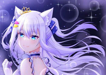 1girl animal_ear_fluff animal_ears blue_bow blue_choker blue_dress blue_eyes bow cat_ears cat_girl choker closed_mouth commentary_request crown dress eyelashes floating_hair frilled_choker frills from_side gloves hair_between_eyes hair_bow hair_ornament hairclip heart heart_hair_ornament highres ken-ji light_particles long_hair looking_at_viewer looking_to_the_side noripro portrait shirayuki_mishiro sidelocks sleeveless sleeveless_dress smile solo sparkle two-tone_choker two-tone_dress virtual_youtuber white_background white_choker white_dress white_gloves
