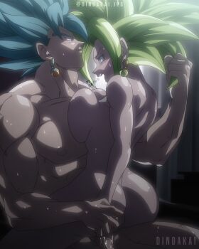 1boy 1girl ass blue_hair breasts completely_nude dindakai dragon_ball dragon_ball_super earrings fusion grabbing_another&#039;s_hair green_hair height_difference hetero highres holding_another&#039;s_hair jewelry kefla_(dragon_ball) large_breasts legendary_super_saiyan muscular muscular_female muscular_male nude open_mouth pectorals potara_earrings potara_fusion precum super_saiyan super_saiyan_blue sweat sweatdrop vaginal vegetto