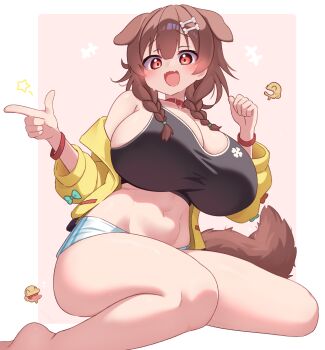 1girl animal_ears blush bone_hair_ornament bone_print border braid breasts cleavage collar commentary_request curvy dog_ears dog_girl dog_tail full_body gabai hair_ornament highres hololive huge_breasts index_finger_raised inugami_korone jacket long_sleeves looking_at_viewer navel open_mouth pink_background plump red_eyes shorts side_braids sitting solo sports_bra stomach tail twin_braids variant_set virtual_youtuber white_border white_shorts yellow_jacket
