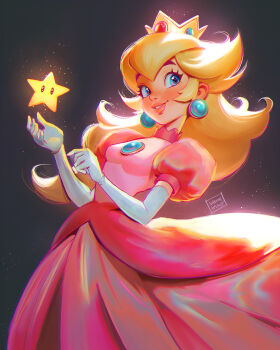 1girl blonde_hair blue_eyes breasts brooch cropped_legs crown dress earrings elbow_gloves from_side gloves highres jewelry light_particles long_hair mario_(series) nintendo parted_lips pink_dress princess_peach puffy_sleeves seiorai shine simple_background small_breasts smile solo super_mario_bros._1 super_star_(mario) white_gloves