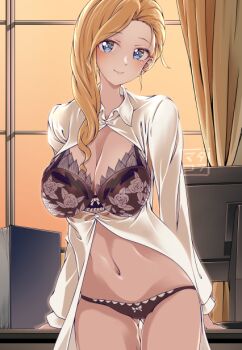 1girl alternate_costume azur_lane belt black_bra black_panties blonde_hair blue_eyes blush bra breasts cleavage closed_mouth commentary_request computer cowboy_shot desk earrings floral_print hair_over_shoulder hat hood_(azur_lane) indoors jewelry lace lace-trimmed_bra lace_trim large_breasts lingerie long_hair long_sleeves looking_at_viewer madakov_kodima monitor open_clothes open_shirt panties shirt smile stomach table unbuttoned unbuttoned_shirt underwear white_shirt
