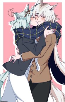 2girls ahoge akasukiane04 animal_ears aqua_tail black_pants blue_jacket blue_scarf bow braid brown_jacket closed_eyes closed_mouth ear_ornament ear_ribbon folded_hair folded_ponytail fujimasa_march_(umamusume) grey_hair grey_tail hair_between_eyes half_up_half_down_braid highres horse_ears horse_girl horse_tail hug jacket kiss long_hair long_sleeves multicolored_hair multiple_girls oguri_cap_(umamusume) pants scarf shared_clothes shared_scarf shirt short_hair smile tail umamusume umamusume:_cinderella_gray white_pants white_shirt yuri