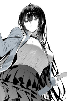 1girl breasts buttons dress_shirt greyscale hair_ribbon haite_kudasai_takamine-san highres hiiragi_yuuichi jacket large_breasts long_hair monochrome necktie pleated_skirt ribbon school_uniform shirt skirt solo takamine_takane white_background white_shirt