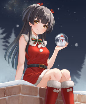 Rule 34 | 1girl, arm at side, black hair, black sky, boots, bow, bowtie, brown hair, ca paria, capelet, closed mouth, commentary request, dress, feet out of frame, fur-trimmed boots, fur-trimmed dress, fur capelet, fur trim, hair ribbon, hand up, holding, holding snow globe, idolmaster, idolmaster shiny colors, light smile, long hair, looking at viewer, looking down, mayuzumi fuyuko, night, outdoors, pom pom (clothes), red boots, red dress, red ribbon, ribbon, santa costume, short dress, sitting, sky, sleeveless, sleeveless dress, snow globe, snowflakes, solo, star (sky), striped bow, striped bowtie, striped clothes, two side up, variant set, white capelet