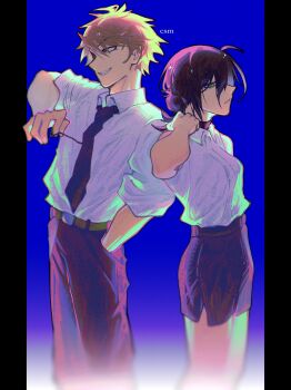 1boy 1girl absurdres black_necktie blue_background brown_hair chainsaw_man chenscheese choker collared_shirt denji_(chainsaw_man) green_eyes hand_in_pocket highres necktie pants pull_cord purple_choker purple_hair purple_pants purple_shorts reze_(chainsaw_man) shirt shirt_tucked_in shorts white_shirt