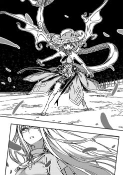 2girls bare_arms bare_legs bare_shoulders barefoot breasts clothes_lift coronzon_(toaru) demon_girl demon_wings dress dress_lift fence frilled_dress frills full_body gradient_hair grey_dress greyscale grin guimpe haimura_kiyotaka hair_bun halftone_dot_(medium) head_out_of_frame headgear high_collar highres hole_in_head horizontal_pupils laura_stuart long_hair long_tail looking_at_viewer medium_breasts monochrome multicolored_hair multiple_girls necktie novel_illustration official_art pale_skin pink_hair pointy_ears qliphah_puzzle_545 rags red_ribbon ribbon robe sharp_teeth sideboob sleeveless smile squid_girl standing symbol-shaped_pupils tail teeth tentacle_hair tentacle_tail tentacles tiptoes toaru_majutsu_no_index toaru_majutsu_no_index:_genesis_testament upper_body wings wooden_fence