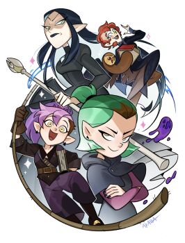 :d age_comparison akada amity_blight artist_name axe black_dress black_hair black_lips black_nails blue_hair book brown_gloves brown_hair capelet commentary crossed_arms dress earrings elf english_commentary ghost glasses gloves goth_fashion green_eyes green_hair happy highres holding holding_axe holding_book holding_staff holding_whip hootie_the_owl_(hooters) jewelry lilith_clawthorne long_hair long_sleeves looking_at_viewer makeup multicolored_hair multiple_boys multiple_girls official_alternate_hair_color official_alternate_hairstyle open_mouth orange_hair pants pink_hair pointy_ears ponytail purple_eyes purple_hair red_hair rope round_eyewear scar scar_across_eye scar_on_face short_hair short_ponytail siblings simple_background sisters smile smug staff the_owl_house two-tone_hair weapon whip white_background yellow_eyes