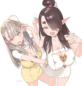 2girls aegyo_sal artist_name black_nails blush breasts brown_eyes brown_hair china_dress chinese_clothes cleavage cleavage_cutout clothing_cutout collarbone commentary conto dress dumpling english_commentary food food-themed_hair_ornament grabbing_another&#039;s_ear hair_bun hair_ornament hair_over_one_eye hairband hand_on_another&#039;s_ear jiaozi large_breasts long_bangs long_hair looking_at_viewer mole mole_on_breast multiple_girls one_eye_covered open_mouth original pointy_ears purple_eyes short_eyebrows simple_background thick_eyebrows white_background wispy_bangs yellow_hairband