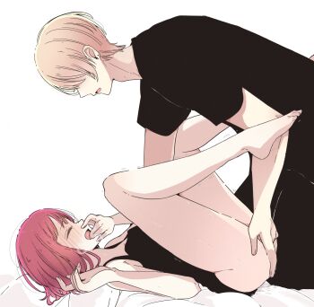 1boy 1girl arima_kana arm_at_side bare_arms bare_legs bare_shoulders barefoot black_pants black_shirt blonde_hair blush closed_eyes covering_own_mouth fingering hand_over_own_mouth highres hoshino_aquamarine legs_up open_mouth oshi_no_ko pants red_hair risdelusions shaking shirt short_hair short_sleeves simple_background thighs white_background